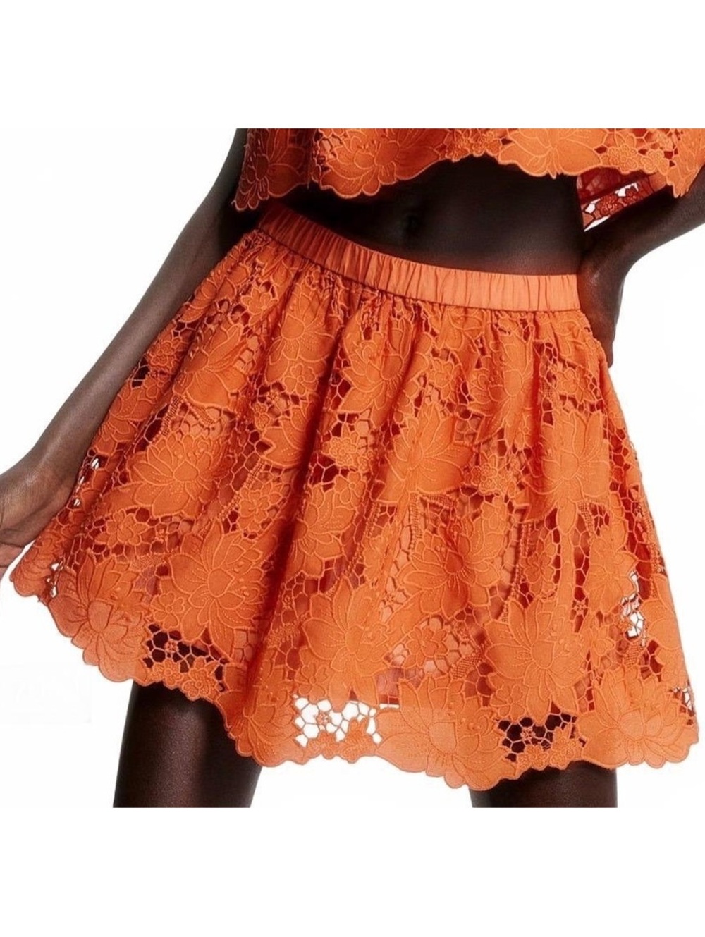 H&M X THE WHITE LOTUS Eyelet Lace Mini Skirt Orange Floral Size L